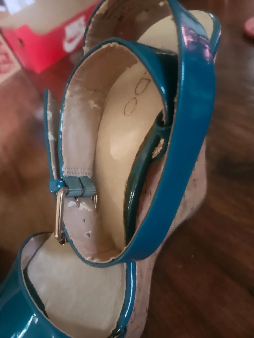Aldo Teal Open-Toe Ankle Strap Sandals W/ Cork Wedge